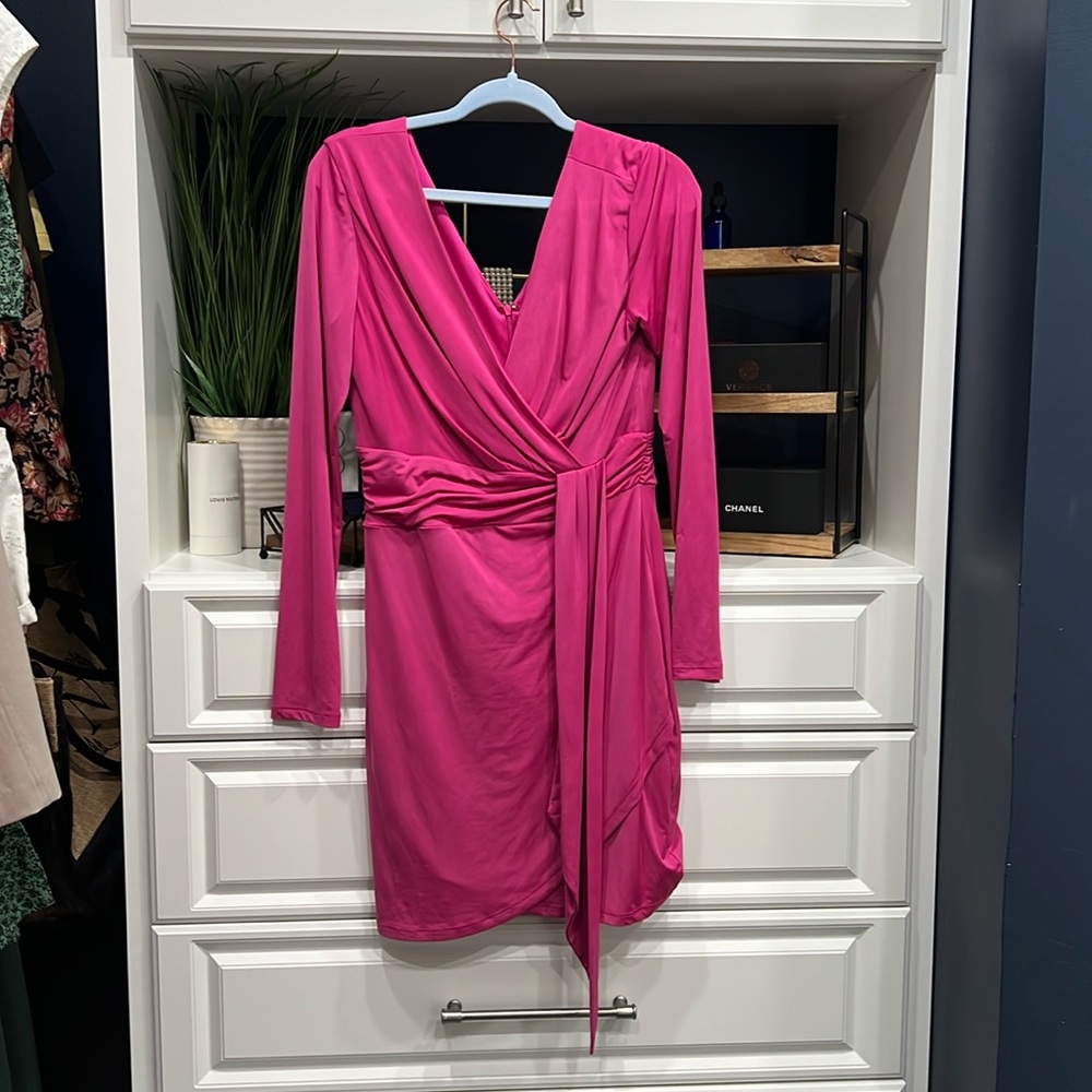 GUESS Womens Pink Faux Knot Draped Lined Long Sleeve Short Party Sheath Dress 8